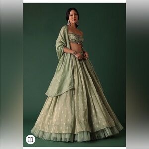 Pale Olive Green Printed Lehenga And Blouse Set In Banarasi Silk